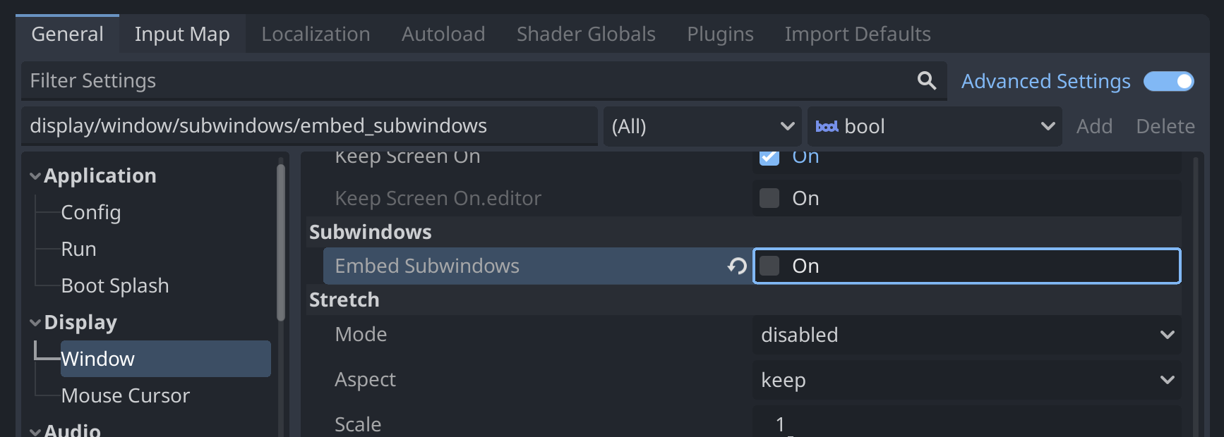 Screenshot of the embedded subwindows setting