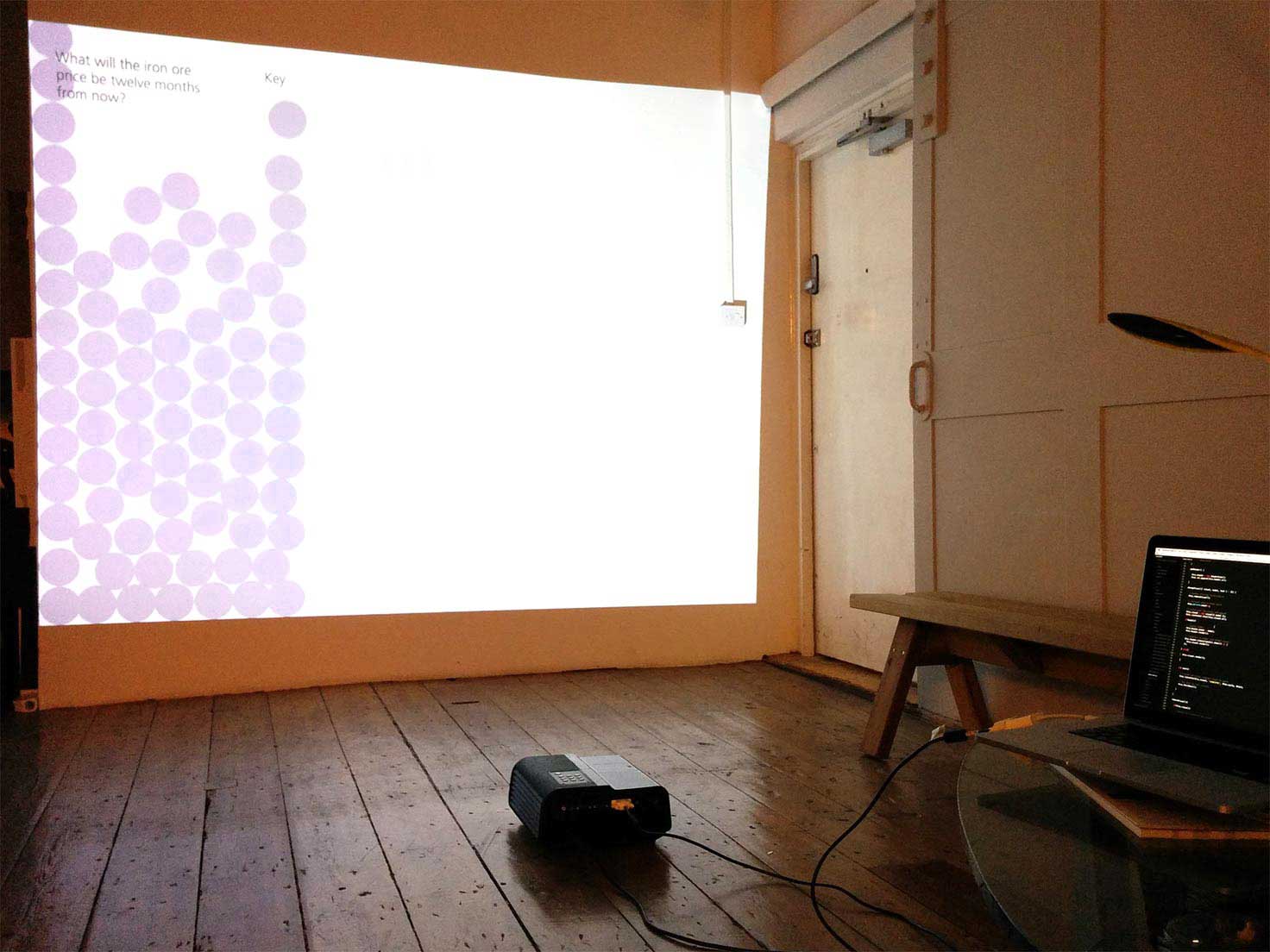 Projector on the floor projecting the visualisation on a office wall